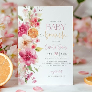 Citrus Baby Brunch Invitation, Citrus Oranges Baby Shower Invite, Bright Citrus Baby Brunch Invite, Pink Floral Citrus Baby Shower Invite