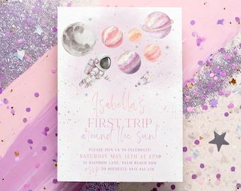 First Trip Around The Sun Birthday Invitation Template, Girls First Birthday Space Invitation, Sun Invitation, Printable 1st Birthday Space