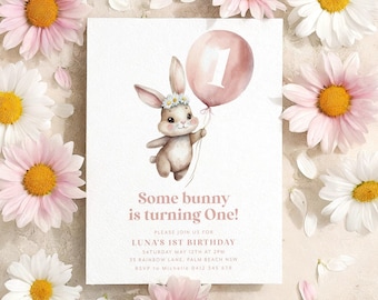 Some Bunny is One Invitation, Daisy Some Bunny is Turning One Invite, Bunny Birthday Party Invitation, 1st Birthday Girl, Bunny and Daisies