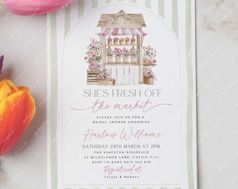 She's Fresh Off the Market Bridal Shower Invite, Flower Market Invitation Printable Canva Template Green Purple