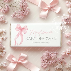 Pink Bow Chocolate Wrapper Printable, Candy Bar Wrapper Template, Chocolate Bar Template, Pink Bow Baby Shower Favors Chocolate Labels