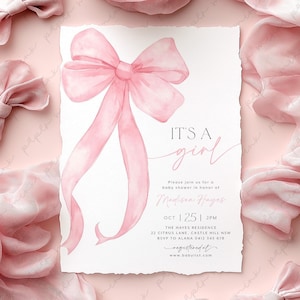 Pink Bow Baby Shower Invitation Template Printable, Baby Girl, Pink Coquette Baby Shower Invite, Baby Shower Invitation Girl Coquette Bow