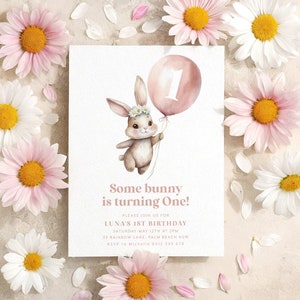 Some Bunny is One Invitation, Daisy Some Bunny is Turning One Invite, Bunny Birthday Party Invitation, 1st Birthday Girl, Bunny and Daisies