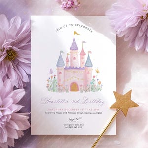 May include: A birthday invitation featuring a watercolor illustration of a pink castle with blue and purple turrets. The invitation includes the text "Join us to celebrate" and details for Scarlett's 3rd birthday. A gold star wand rests on the invitation.