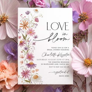 Love in Bloom Bridal Shower Invitation, Wildflower Invitation, Floral Bridal Shower, Bridal Brunch Invitation, Modern Bridal Invite, Pink