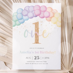 First Birthday Invitation, Pastel Rainbow 1st Birthday Invite, 1st Birthday Invitation, 1st Birthday Girl, Pastel Rainbow Balloon Arch