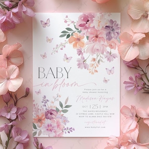 Baby in Bloom Invitation, Butterfly Baby Shower Invitation Girl, Pink Purple Butterflies Wildflower Invite Printable Baby in Bloom Shower