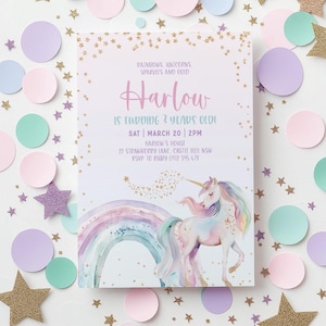 Unicorn Birthday Invitation, Unicorn Invitation, Rainbow Unicorn Birthday Invite, Pastel Unicorn Invitation Printable 3rd 4th 5th 6th 7th