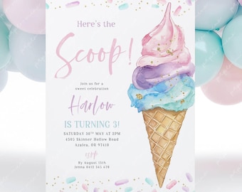 Pastel Ice Cream Birthday Invitation, Pastel 3rd Birthday Invite, Ice Cream Birthday Girl Invite, Ice Cream Party, 1st 2nd 3rd 4th 5th 6th