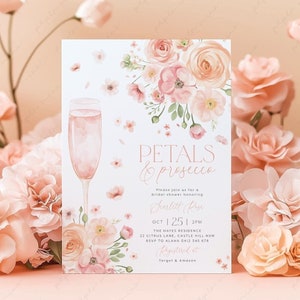 Petals and Prosecco Invitation, Prosecco Bridal Shower, Bright Floral Bridal Shower Invite, Pink Peach Bright Floral Petals and Prosecco