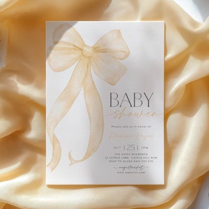 Yellow Bow Baby Shower Invitation Template Printable, Gender Neutral, Yellow Baby Shower Invite, Baby Shower Invitation Girl Coquette Bow