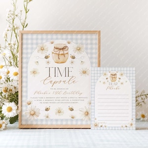 Bee 1st Birthday Time Capsule Sign: Blue Gingham Daisies (Canva Template, 8x10 & 5x7)