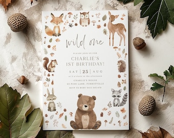 Woodland 1st Birthday Invitation, Wild One Invitation, Fox Deer Bear Forest Animals Birthday Invite Template, Bear 1st Birthday Boy Invite