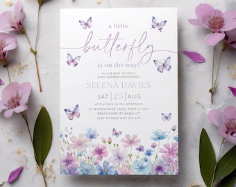 Butterfly Baby Shower Invitation, Purple Butterfly Invitation Template, Butterfly Baby Shower Invitation Girl, Butterflies and Flowers Blue
