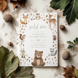 Woodland 1st Birthday Invitation, Wild One Invitation, Fox Deer Bear Forest Animals Birthday Invite Template, Bear 1st Birthday Boy Invite