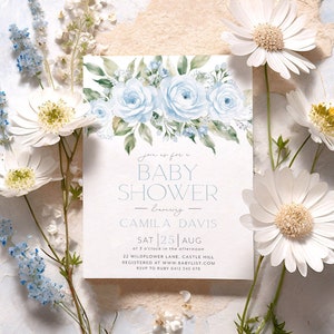 Baby Shower Invitation, Blue Floral Baby Shower Invitation, Blue Flower Invitation, Floral Baby Brunch, Blue Baby Shower Invitation Boy image 1