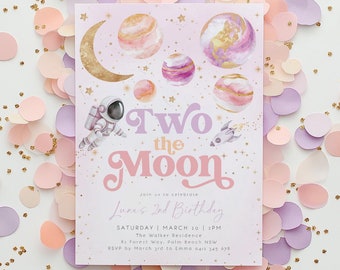 Two the Moon Birthday Invitation Template, 2nd Birthday Space Invitation, Two the Moon Space Invitation Girl, Printable Birthday Invitation