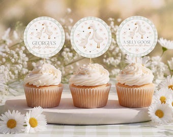 Silly Goose Baby Shower Cupcake Toppers: Editable Sage Green Design (Printable)