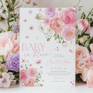 Baby in Bloom Invitation, Pink Purple Floral Baby Shower Invitation, Bright Flower Invitation, Floral Baby Brunch Invite, Bloom Invite Pink