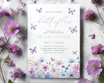 Lifetime of Butterflies Bridal Shower Invite, Printable Wildflower Butterfly Floral Party Invitation Editable, Butterfly Bridal Invitation