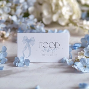 Blue Bow Baby Shower Food Labels, Blue Bow Food Tent Cards, Folded Food Cards, Blue Bow Food Tented Cards, Bow 1st Birthday Boy Food Labels