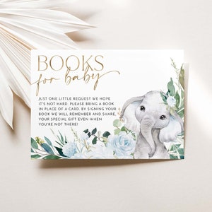Carte de vœux à imprimer, Carton de demande de livre, Livre de baby shower éléphant pour bébé, Feuilles à imprimer pour baby shower, fleurs bleues, Shower de bébé garçon