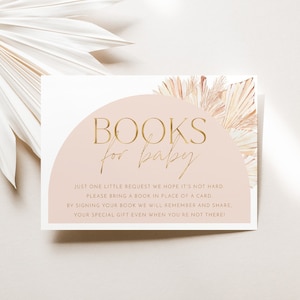 Roze boeken voor babykaart afdrukbaar, boekaanvraagkaart, Boho Girl baby shower boek voor baby, gedroogde palmen uitnodiging, roze boog babyshower