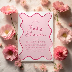 Wavy Baby Shower Invitation, Pink Wavy Invitation, Curve Invite, Wave Invitation, Modern Baby Shower, Hot Pink Baby Shower, Baby Girl Shower image 1