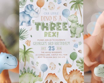May include: A birthday invitation with a dinosaur theme. The invitation features illustrations of dinosaurs, balloons, and palm trees. Text on the invitation reads "Our Little Dino is a Three Rex!" and includes party details. The invitation is surrounded by toy dinosaurs.