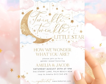 Twinkle Twinkle Little Star Gender Reveal Invitation Template, Pink and Blue Moon Stars Clouds Invitation, He Or She, Boy Or Girl Invite