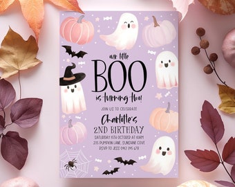 Little Boo is Turning 2 Invitation, Two Spooky Halloween Ghost 2nd Birthday Party Invitation Girl, Cute Purple Ghost Birthday Party Invite