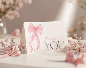 Pink Bow Thank You Card Template, Printable Thank You Card, Pink Bow Baby Shower Thank You Card, Pink Bow Thankyou Card, Girl Baby Shower