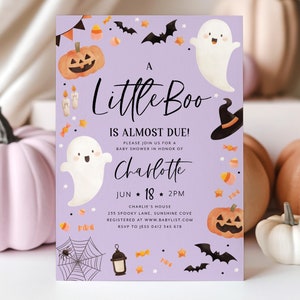 Little Boo Baby Shower Invitation Purple Ghost, Girl Baby Shower Invitation, Halloween Purple Ghost Baby Shower Invite Printable Little Boo