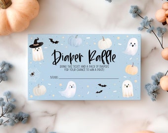 Halloween Diaper Raffle Card, Blue Halloween Baby Shower Diaper Raffle Card Printable, Editable Template, Nappy, Halloween Boy Baby Shower