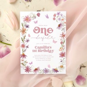 Miss Onederful Wildflower Birthday Invitation, Girls Birthday Flower Invitation, 1st Birthday Girl, Wildflower Party Pink Purple Butterflies