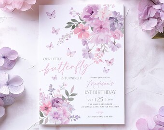 Butterfly Birthday Invitation, Butterfly Invitation, 1st Birthday Invite,  Pink Purple Butterfly Party, 1st Birthday Girl, Little Butterfly