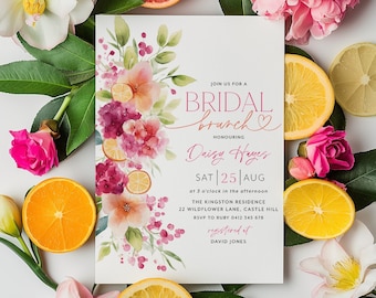 May include: A watercolor floral design with lemons and a pink heart on a white background. The text reads "Join us for a Bridal Brunch Honoring Daisy Hayes Sat 25 Aug at 3 o'clock in the afternoon The Kingston Residence 22 Wildflower Lane, Castle Hill RSVP to Ruby 0412 345 678 registered it David Jones".