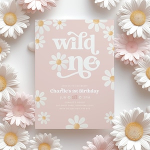 Daisy Birthday Invitation, Wild One Daisy 1st Birthday Invite, 1st Birthday Girl, Boho Daisy Invitation, Pink Daisies Wild One Birthday