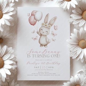 Some Bunny is One Invitation, Daisy Some Bunny is Turning One Invite, Bunny Birthday Party Invitation, 1st Birthday Girl Daisies Butterflies