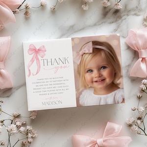 Pink Bow Thank You Card Template, Printable Thank You Card, Bow Thank You Card Editable, Pink Bow Thank You Card, 1st Birthday Girl Card