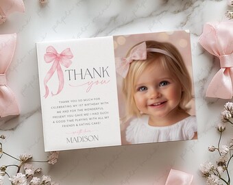 Pink Bow Thank You Card Template, Printable Thank You Card, Bow Thank You Card Editable, Pink Bow Thank You Card, 1st Birthday Girl Card