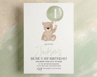 Beary First Birthday Invitation Sage Green, Bear 1st Birthday Invite Printable, 1st Birthday Boy, Boy Birthday Invitation Green, Teddy Bear