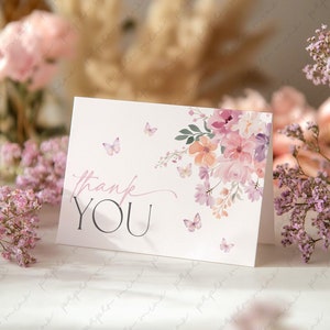 Baby in Bloom Thank You Card Template, Printable Thank You Card, Butterfly Baby Shower Thank You Card, Wildflower Thank You Card Purple Pink