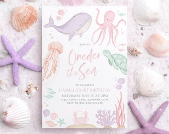 Oneder the Sea Birthday Invitation Printable, Under the Sea Editable Template, 1st Birthday Invite, Ocean Animals Girls Under the Sea Invite