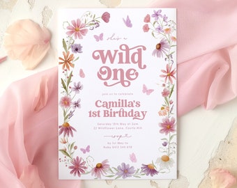 Wildflower 1st Birthday Invitation, Wild One Invitation 1st Birthday Girl, Wildflower Birthday Party, Pink Purple Butterflies Wildflower