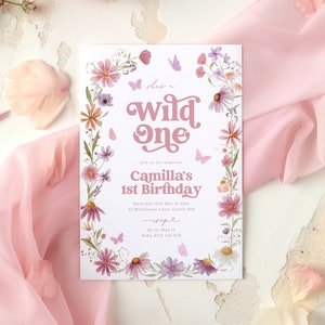 Wildflower 1st Birthday Invitation, Wild One Invitation 1st Birthday Girl, Wildflower Birthday Party, Pink Purple Butterflies Wildflower