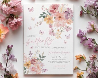 May include: A baby shower invitation featuring a floral design with butterflies. The invitation reads "A little butterfly is on the way!" and includes the name "Madison Hayes".