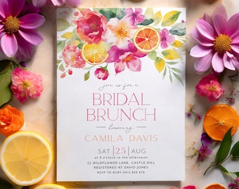Citrus Bridal Brunch Invitation, Lemon Bridal Shower, Bright Floral Citrus Bridal Shower Invitation, Mediterranean Lemon Theme, Orange Lemon