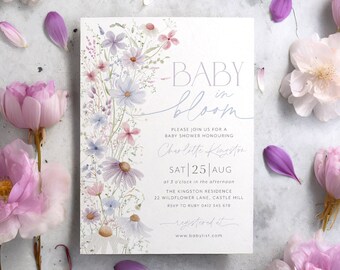 Baby in Bloom Invitation, Wildflower Baby Shower Invitation, Purple Blue Flower Invitation, Wild Flower Invite, Floral Baby Brunch Invite