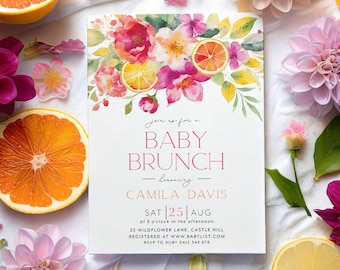 Citrus Baby Brunch Shower Invitation, Citrus Lemon Baby Shower Invite, Bright Citrus Baby Brunch Invite, Floral Citrus Baby Shower